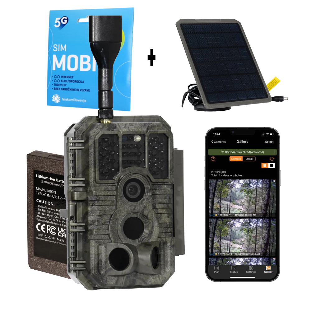 KOMPLET Lovska kamera GARDEPRO X60P PRO MAX LIVE 48MP 4G 8000mAh Li-ion 32GB + SIM za celo leto + solarni panel 4m