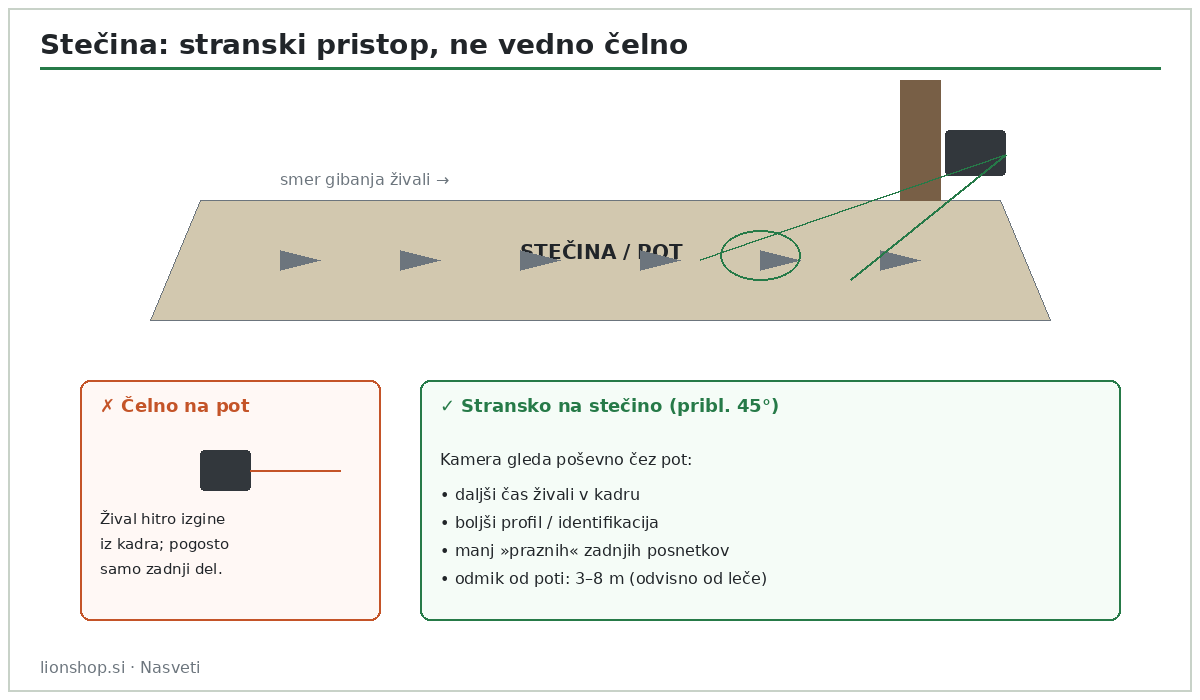 Stranski pristop lovske kamere na stečino približno pod kotom 45 stopinj